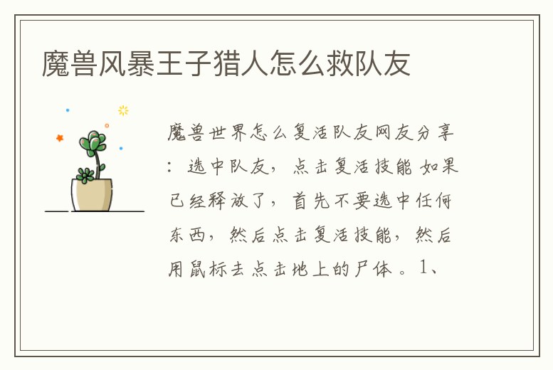 魔獸風暴王子獵人怎么救隊友