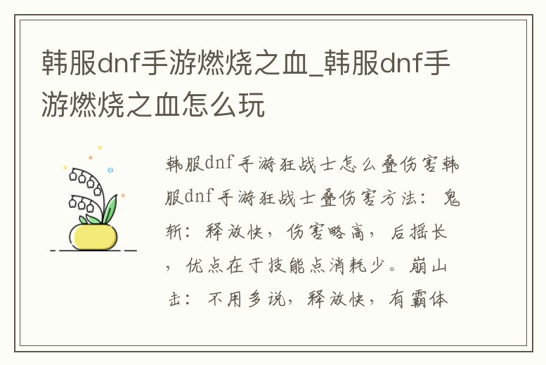 韓服dnf手游燃燒之血_韓服dnf手游燃燒之血怎么玩