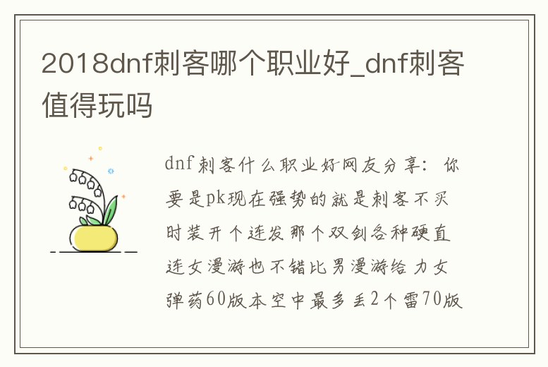 2018dnf刺客哪個職業好_dnf刺客值得玩嗎