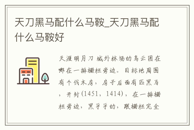 天刀黑馬配什么馬鞍_天刀黑馬配什么馬鞍好