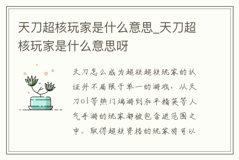 天刀超核玩家是什么意思_天刀超核玩家是什么意思呀