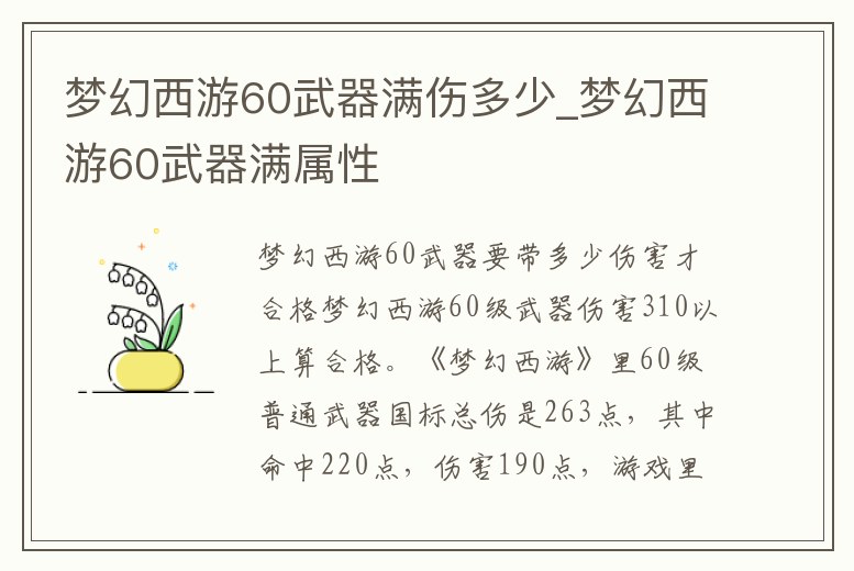 夢幻西游60武器滿傷多少_夢幻西游60武器滿屬性