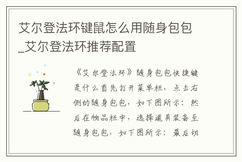 艾爾登法環鍵鼠怎么用隨身包包_艾爾登法環推薦配置