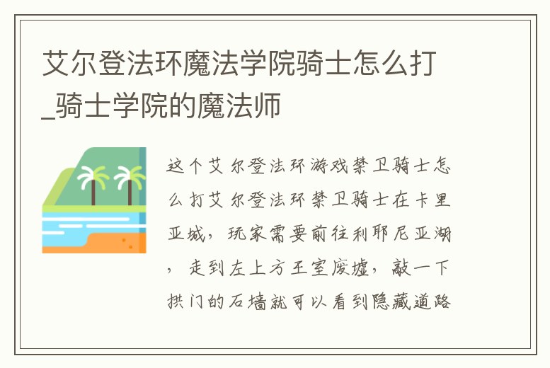 艾爾登法環魔法學院騎士怎么打_騎士學院的魔法師