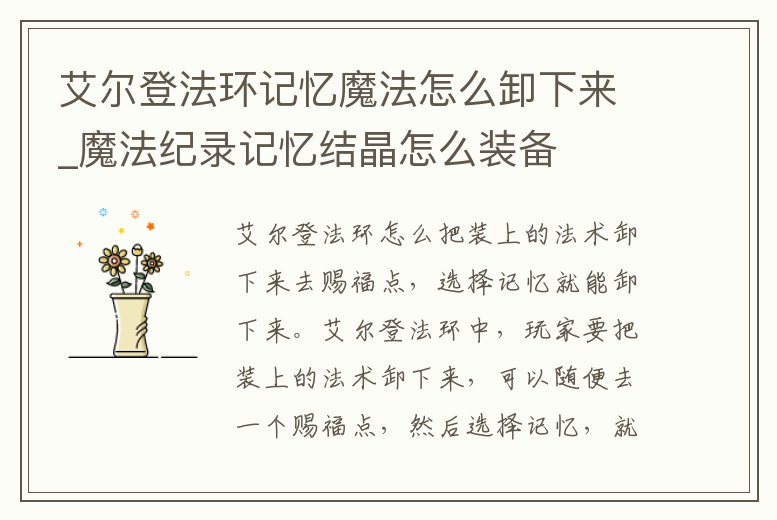 艾爾登法環記憶魔法怎么卸下來_魔法紀錄記憶結晶怎么裝備