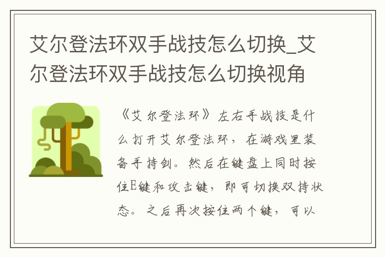 艾爾登法環雙手戰技怎么切換_艾爾登法環雙手戰技怎么切換視角