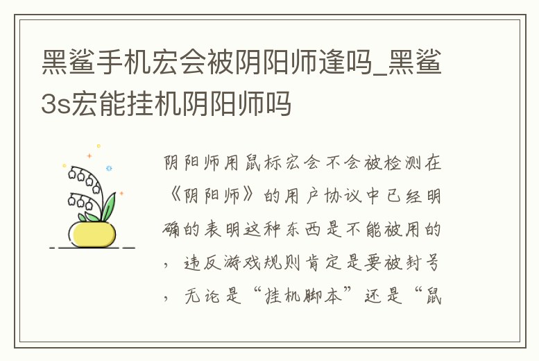 黑鯊手機(jī)宏會被陰陽師逢嗎_黑鯊3s宏能掛機(jī)陰陽師嗎