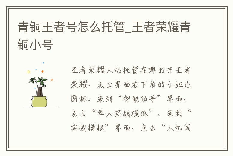 青銅王者號怎么托管_王者榮耀青銅小號