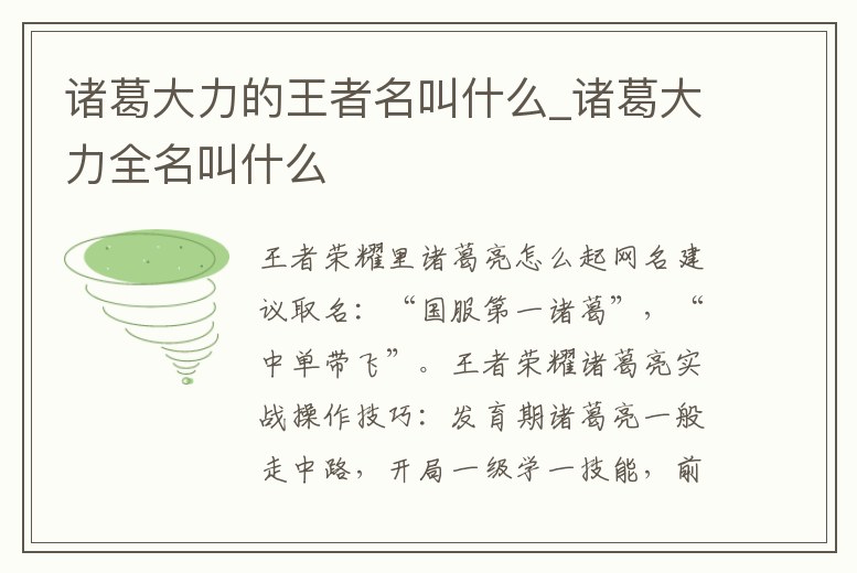 諸葛大力的王者名叫什么_諸葛大力全名叫什么