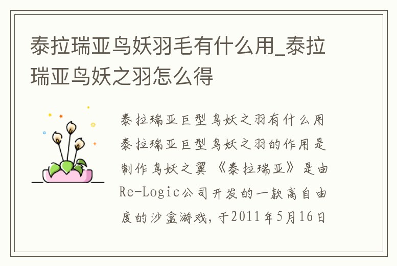 泰拉瑞亞鳥妖羽毛有什么用_泰拉瑞亞鳥妖之羽怎么得