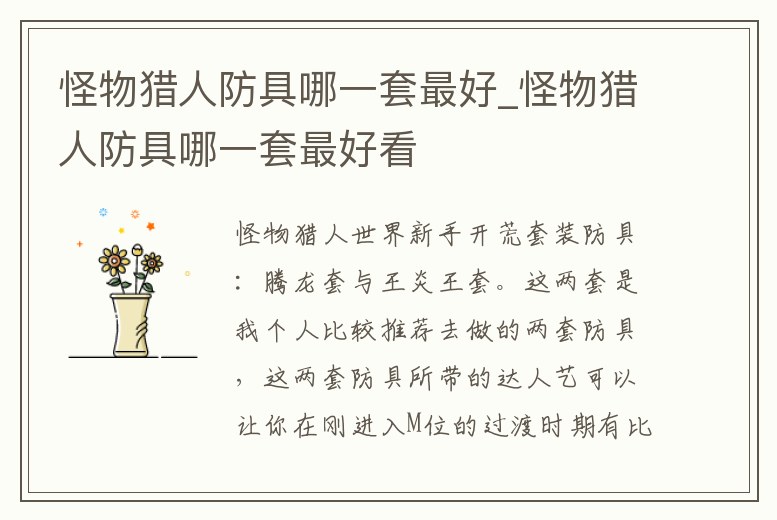 怪物獵人防具哪一套最好_怪物獵人防具哪一套最好看