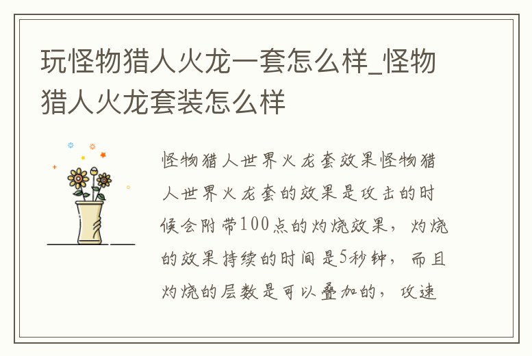 玩怪物獵人火龍一套怎么樣_怪物獵人火龍套裝怎么樣