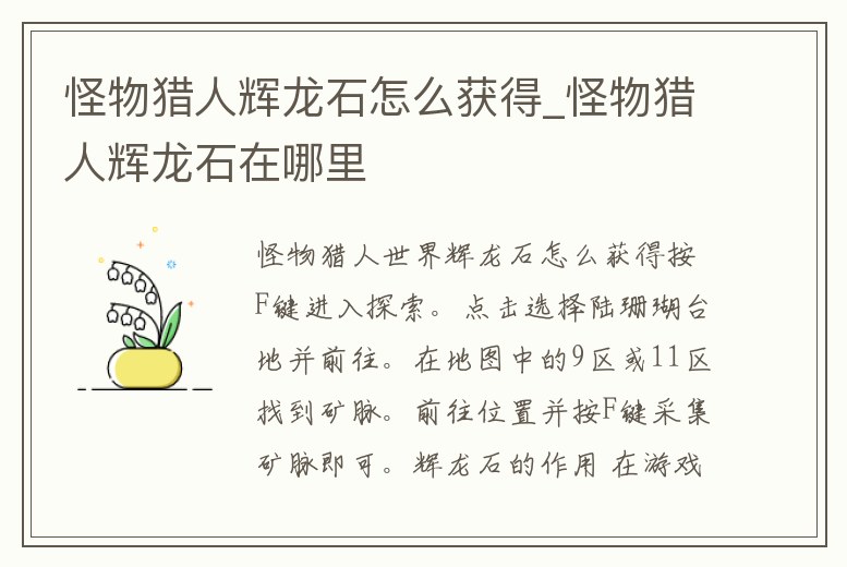 怪物獵人輝龍石怎么獲得_怪物獵人輝龍石在哪里