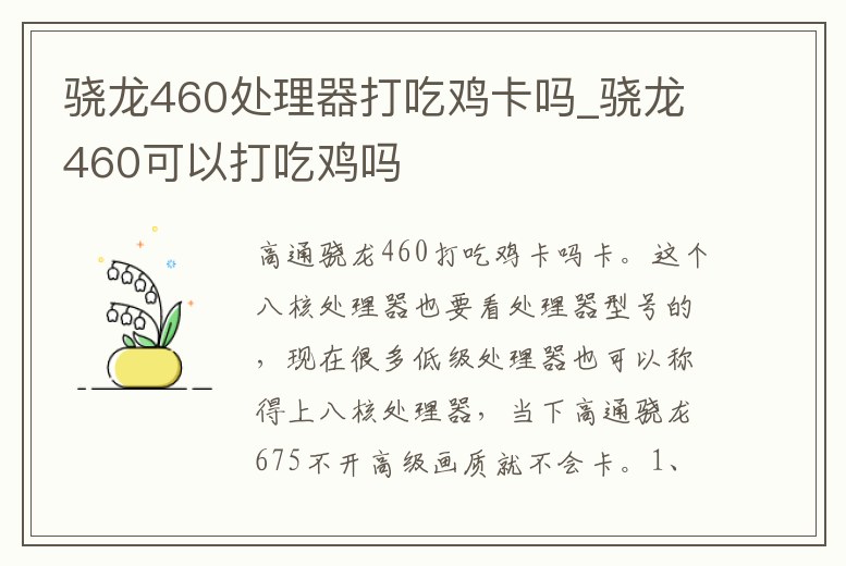 驍龍460處理器打吃雞卡嗎_驍龍460可以打吃雞嗎