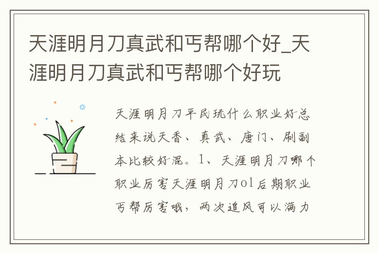 天涯明月刀真武和丐幫哪個好_天涯明月刀真武和丐幫哪個好玩