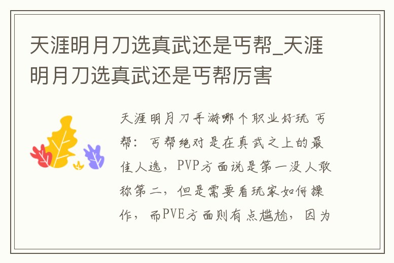 天涯明月刀選真武還是丐幫_天涯明月刀選真武還是丐幫厲害