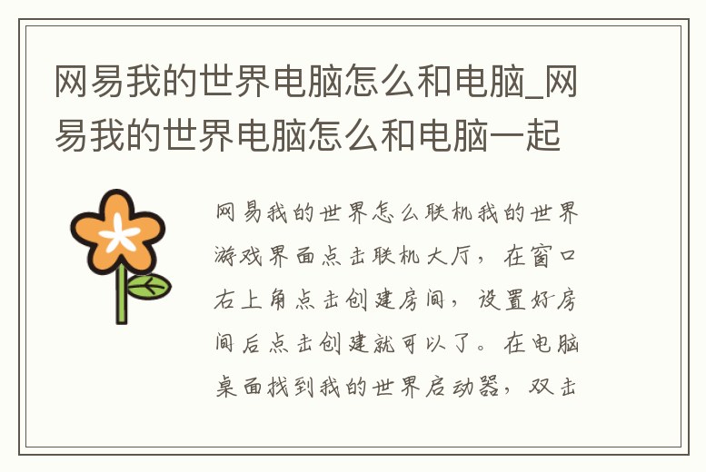 網易我的世界電腦怎么和電腦_網易我的世界電腦怎么和電腦一起玩