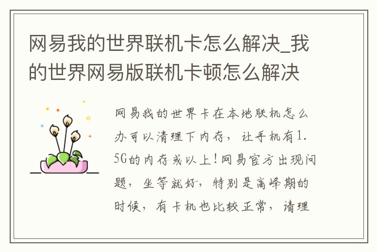 網易我的世界聯機卡怎么解決_我的世界網易版聯機卡頓怎么解決
